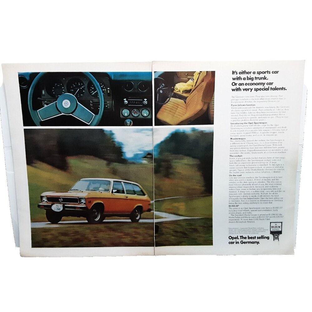 1974 Buick Opel Car 2 Page Original Print Ad 70s